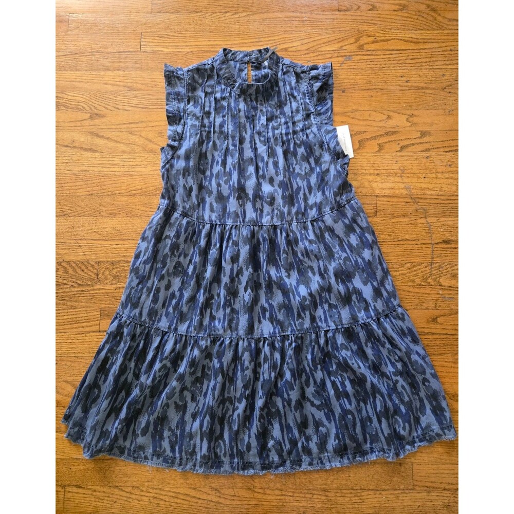 Anthropologie Jenee Blue Chambray Leopard Print Tiered Ruffle Womens Dress Sz M